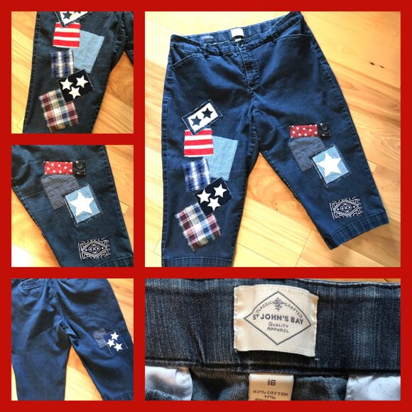 Patchwork Capris Shorts: Upcycled 4th Of July Patriotic Jeans, Women's Size 16 - Picture 13 of 13